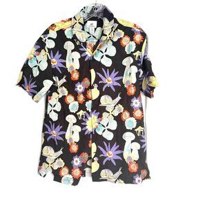 H&M Mushroom Snail Print Button Down Shirt Black Cotton Men’s XS